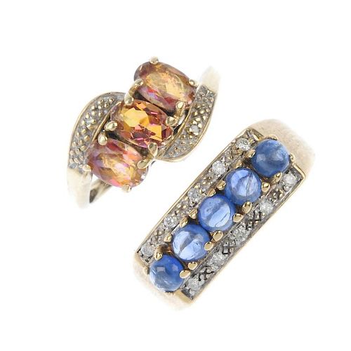 A selection of four diamond and gem-set rings. To include a sapphire cabochon and diamond ring, a co