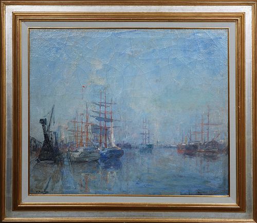 Richard Baseleer (1867-1951, Belgian/Swiss), "Harbor Scene," early 20th c., oil on canvas, signed lower left, presented in a silver and gilt frame, H.