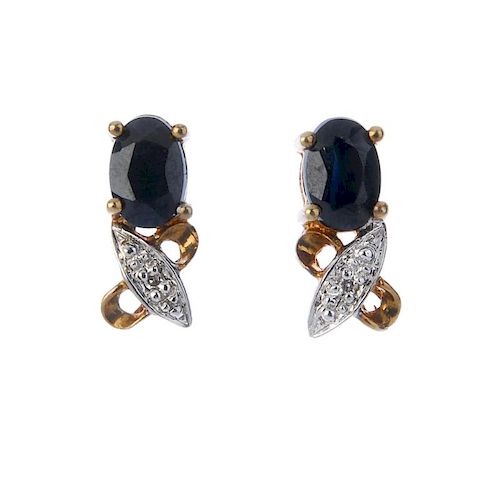 Three pairs of diamond and gem-set earrings. To include a pair of square-shape sapphire and single-c