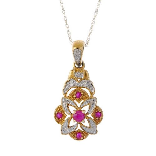 A selection of 9ct gold diamond and gem-set pendants. To include a ruby and diamond heart-shape pend