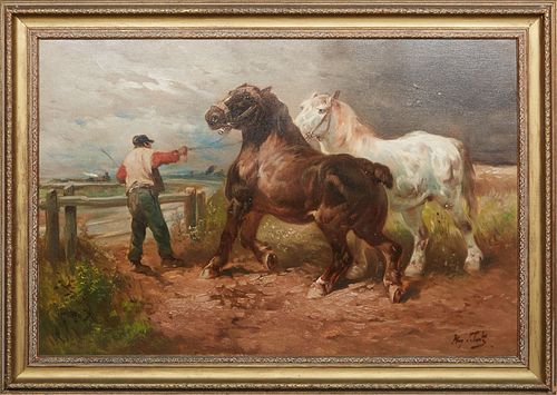 Henry Schouten (1857-1927, Belgian), "Two Horses and a Man Under a Stormy Sky," 19th c., oil on canvas, signed lower right, presented in a wide gilt a