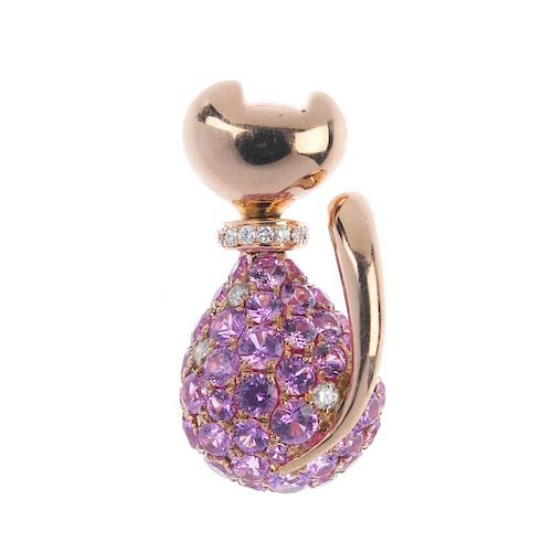 * A sapphire and diamond cat pendant. The stylised cat, with circular-shape pink sapphire and scatte