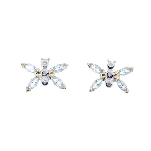A pair of aquamarine and diamond butterfly ear studs. Each designed as a single-cut diamond three-st