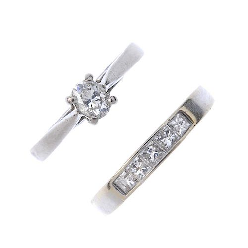 Two 18ct gold diamond rings. To include a square-shape diamond band ring, together with an oval-shap