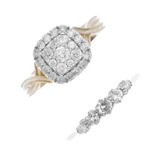 Two diamond rings. The first a graduated circular-cut diamond five-stone ring, the second a 9ct gold