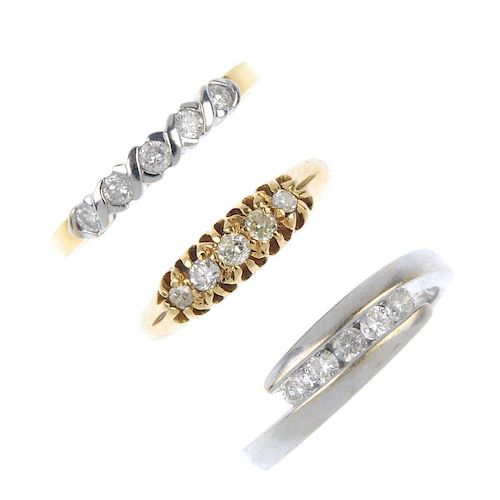 A selection of three 18ct gold diamond rings. To include a brilliant-cut diamond crossover ring, a b