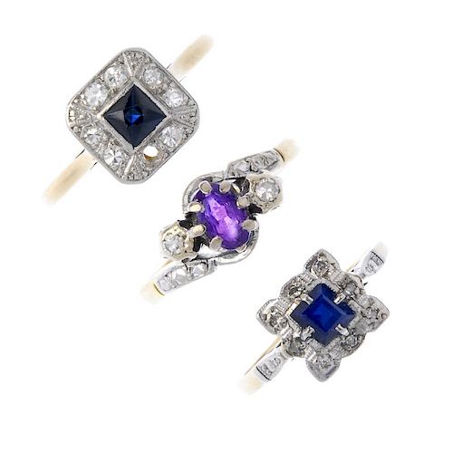 A selection of three early 20th century diamond and gem-set rings. To include, square-shape sapphire