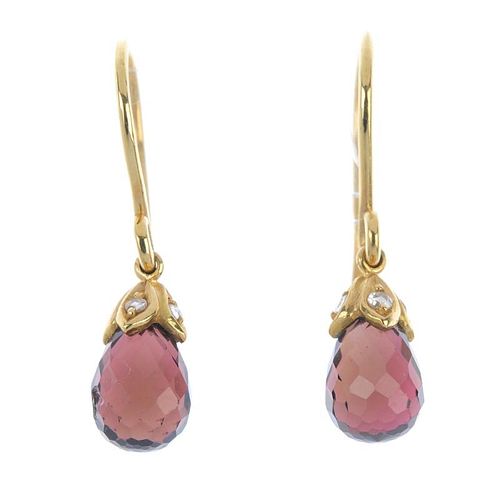 A pair of tourmaline and diamond ear pendants. Each designed as a tourmaline briolette, with rose-cu