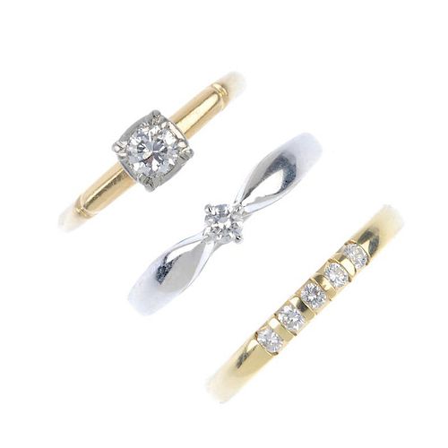 A selection of three diamond rings. To include two brilliant-cut diamond single-stone rings, togethe