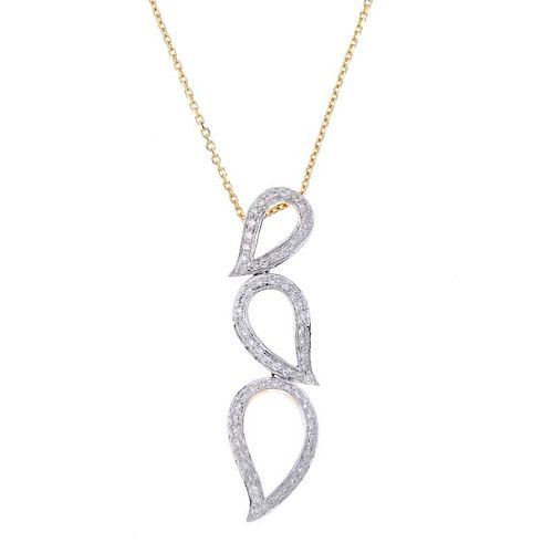 Two diamond pendants. To include a pave-set diamond articulated pear-shape pendant suspended from a