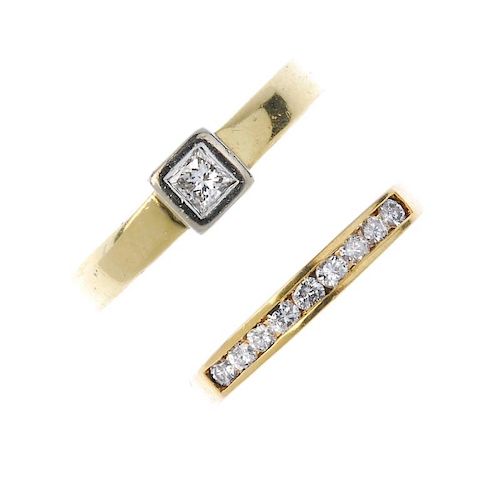 Two 18ct gold diamond rings. To include a brilliant-cut diamond line ring, together with a square-sh