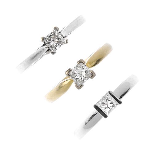 A selection of three 18ct gold diamond single-stone rings. Each designed as a square-shape diamond,