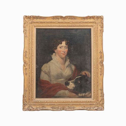 ANÃ“NIMO. Siglo XIX. Retrato de dama con perro. Ã“leo sobre tela. Enmarcado. 77 x 62 cm