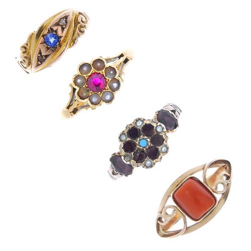 A selection of four gem-set rings. To include a mid 19th century garnet, split pearl and turquoise c