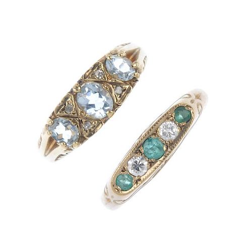 A selection of four diamond and gem-set rings. To include a 9ct gold circular-shape emerald and bril