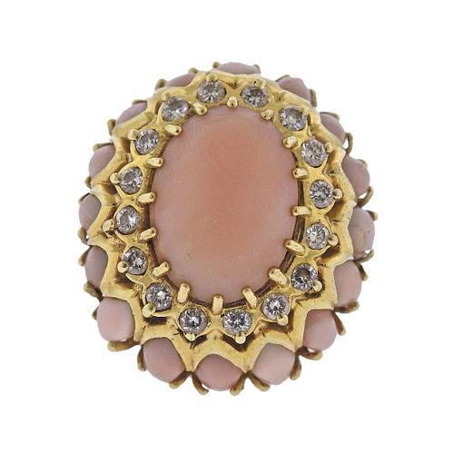 1960s 14k Gold Coral Diamond Cocktail Ring