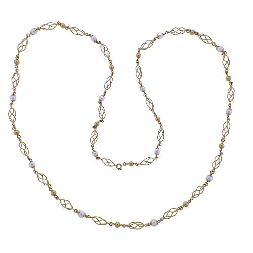 Italian 18k Gold Pearl Long Necklace