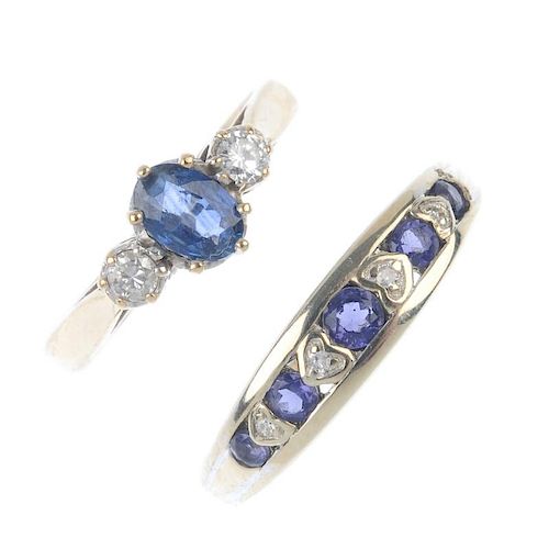 A selection of four diamond and gem-set rings. To include a 9ct gold oval-shape sapphire and brillia