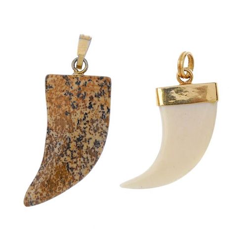<p>A pair of 9ct gold earrings and two pendants. The pair of earrings each designed as an oval-shape