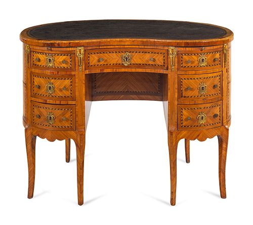A Louis XV/XVI Transitional Style Kingwood and Parquetry Leather-Inset Reniform Bureau