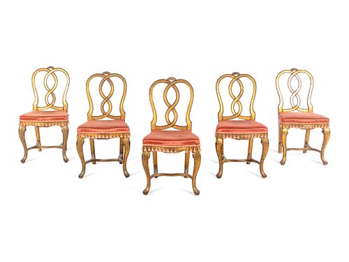 A Set of Five French Painted and Parcel Gilt Dining Chairs