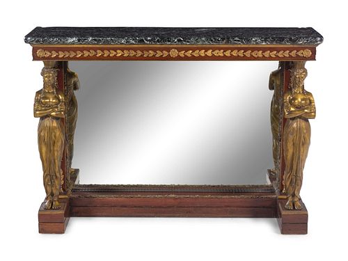 An Empire Style Gilt Bronze Mounted Mahogany and Mirrored Marble-Top Pier Table