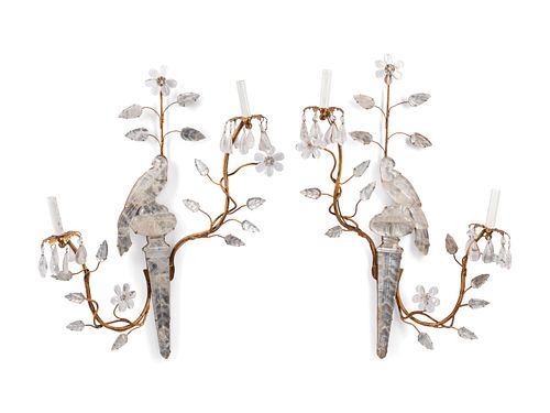 A Pair of Giltwood and Rock Crystal Two-Light Sconces in the Style of Maison Bagues