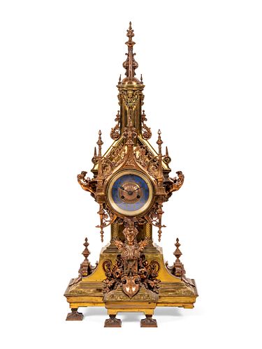 A French Gothic Revival Gilt Bronze and Brass Mantel Clock Retailed by Tiffany and Co.
