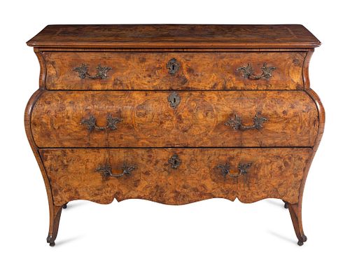 A Venetian Rococo Marquetry and Burl Radica Bombe Commode