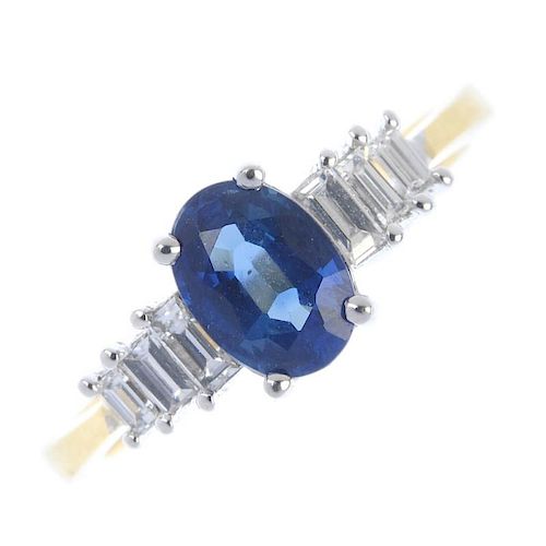 * A sapphire and diamond dress ring. The oval-shape sapphire, to the graduated baguette-cut diamond