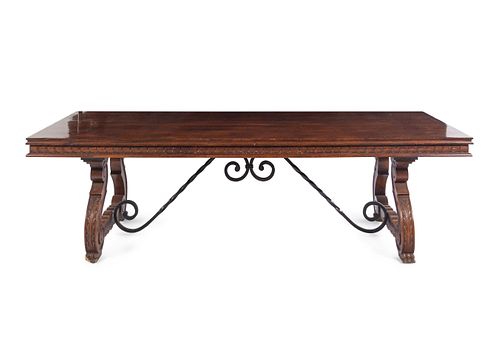 A Spanish Baroque Style Iron-Mounted Walnut and Elm Trestle Table