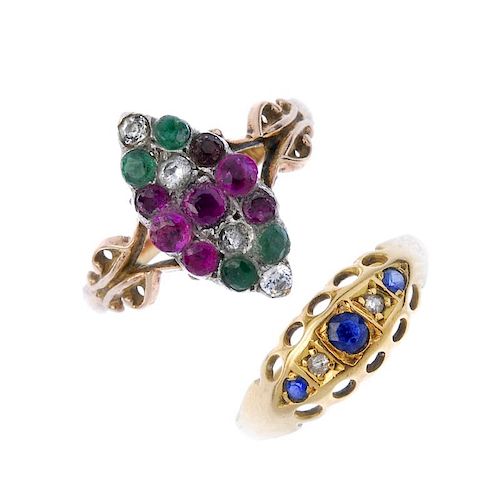 Two early 20th century gold gem-set rings. To include a 9ct gold ruby, emerald and paste cluster rin