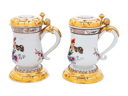 A Pair of Silver-Gilt Mounted Famille Rose Porcelain Tankards