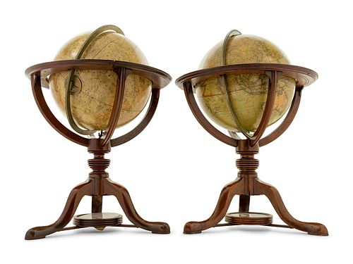 An Associated Pair of English Twelve-Inch Mahogany Celestial and Terrestrial Library Globes