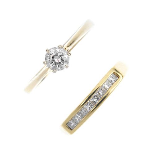 Two 18ct gold diamond rings. To include a brilliant-cut diamond single-stone ring and a square-shape