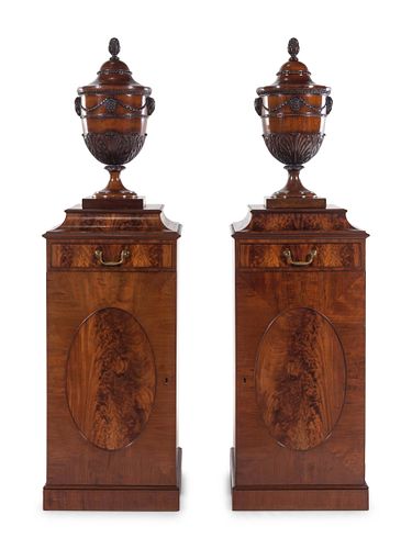 A Pair of Edwardian Style Mahogany Cutlery Urns on Pedestals