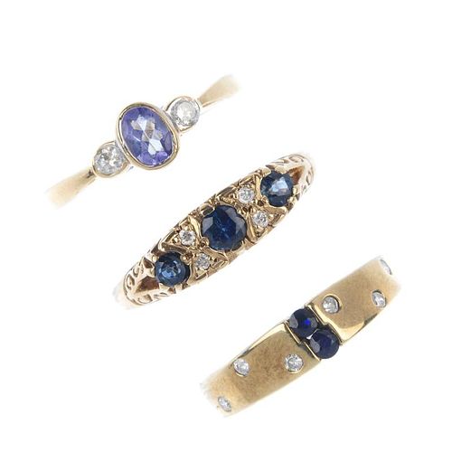 A selection of five 9ct gold diamond and gem-set rings. To include an oval-shape sapphire and single