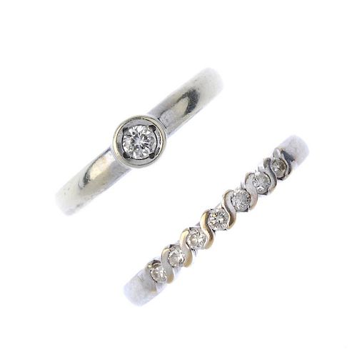 A selection of three 9ct gold diamond rings. To include two brilliant-cut diamond single-stone rings