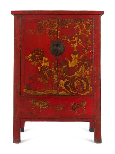 A Chinese Export Red Lacquer Cabinet with Gilt Decoration