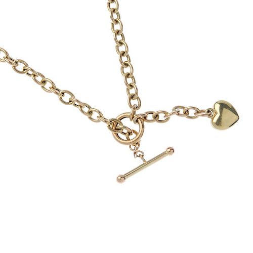 A necklace, with charm. The belcher-link chain, with T-bar and heart-shape charm. Length 50cms. Weig