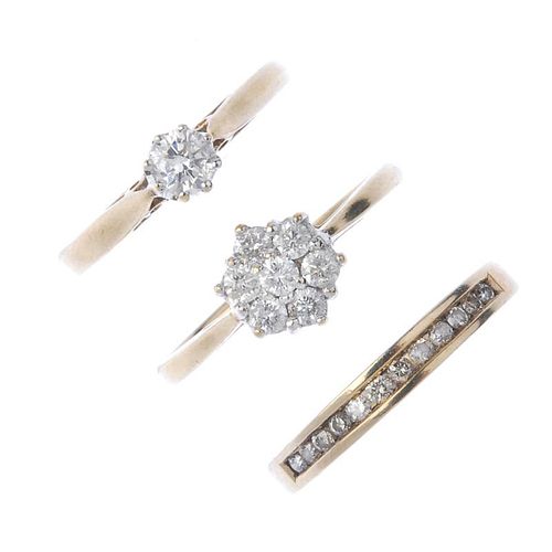 A selection of 9ct gold diamond rings. To include a brilliant-cut diamond floral cluster ring, a bri