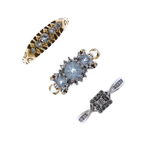 A selection of three gem-set rings. To include a graduated old-cut diamond five-stone ring, a 9ct go