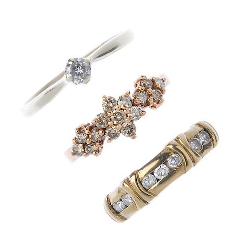 A selection of three 9ct gold diamond rings. To include a brilliant-cut diamond band ring with curve