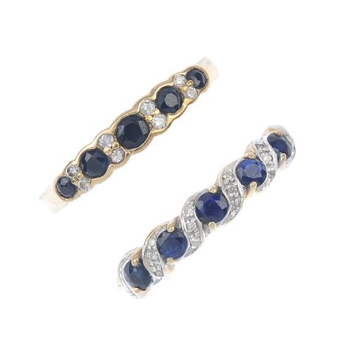 A selection of four diamond and gem-set rings. To include a 14ct gold vari-shape sapphire five-stone