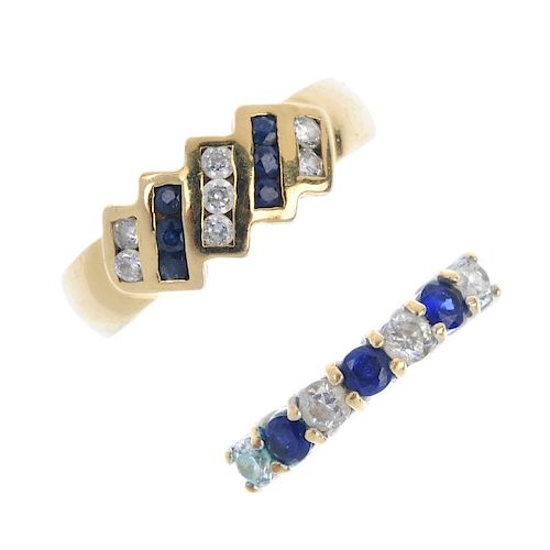 Two sapphire and cubic zirconia rings. To include a circular-shape sapphire and cubic zirconia seven