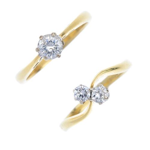 Two 18ct gold diamond rings. To include a brilliant-cut diamond two-stone crossover ring and a brill