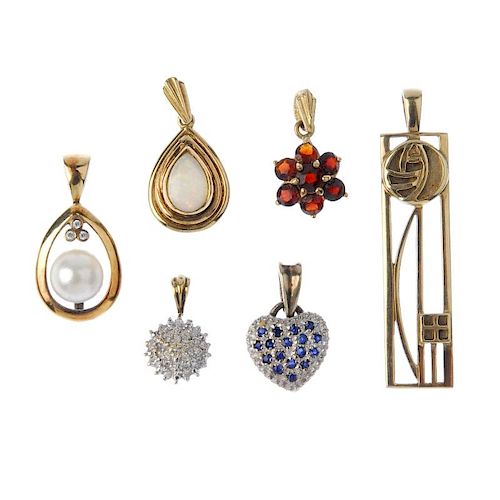 A selection of six gem-set and diamond pendants. To include a 9ct gold pear-shape opal pendant, a 9c