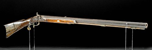 19th C. American Rifle Wood, Steel, Nacre Inlay - Leman
