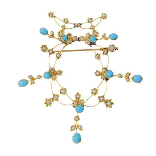 An adapted early 20th century 15ct gold turquoise and split pearl floral brooch. The series of turqu