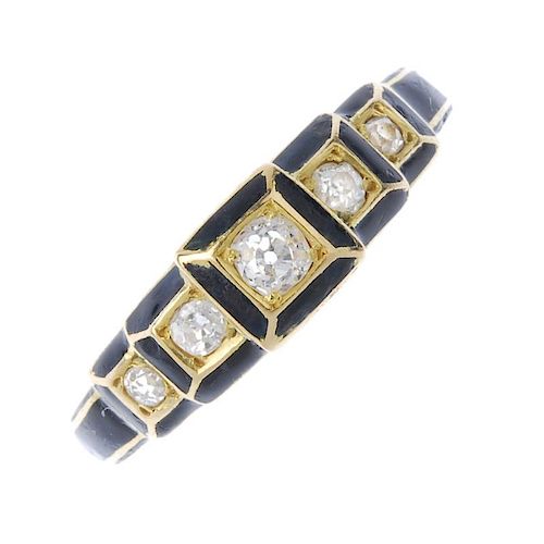 A late 19th century diamond and enamel mourning ring. The old-cut diamond within a square-shape blac